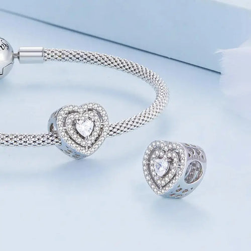 Shiny zircon Heart Charm - 925 sterling silver - White