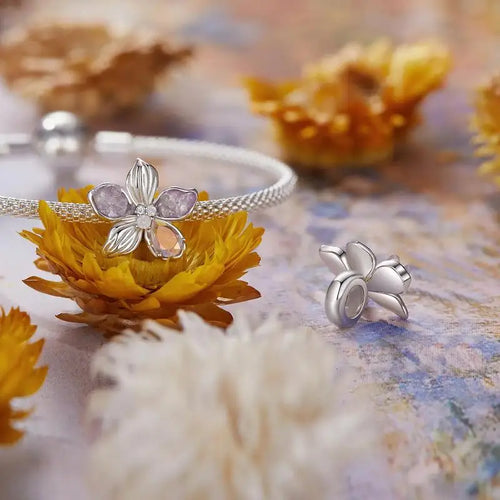 Silicon Flower Charm Crowned with Opal Stone - 925 Sterling silver - Multi Color
