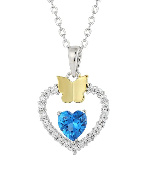 Silver Heart Necklace with Blue stone and Gold Butterfly - Multi Color