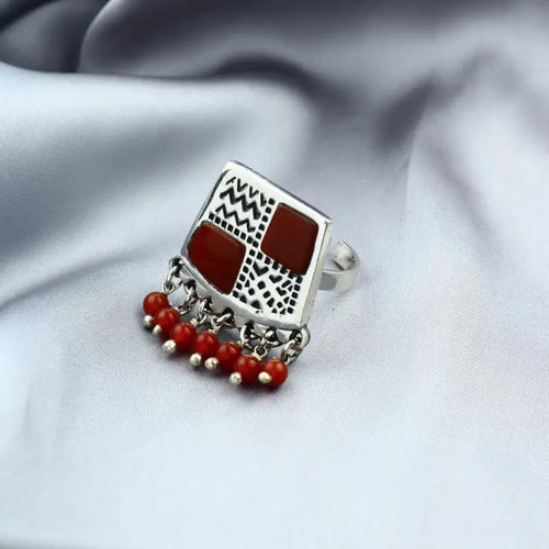 Silver Ring with Agate and Arabic Motifs - 925 sterling silver - Brown