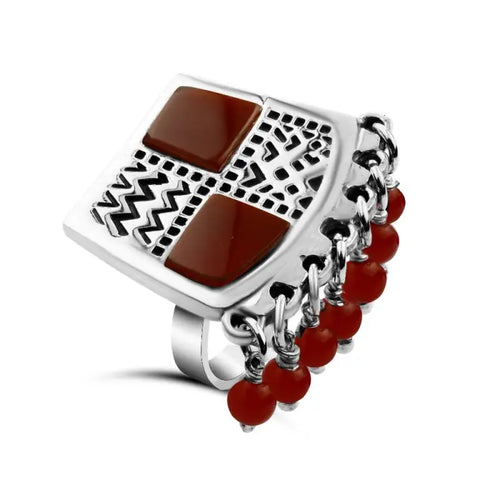 Silver Ring with Agate and Arabic Motifs - 925 sterling silver - Brown