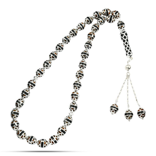 Silver Rosary Inlaid with Amber , 33 Beads - fathyibrahim
