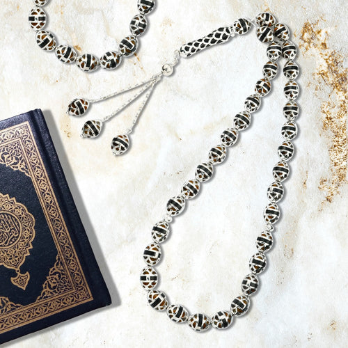 Silver Rosary Inlaid with Amber , 33 Beads - fathyibrahim