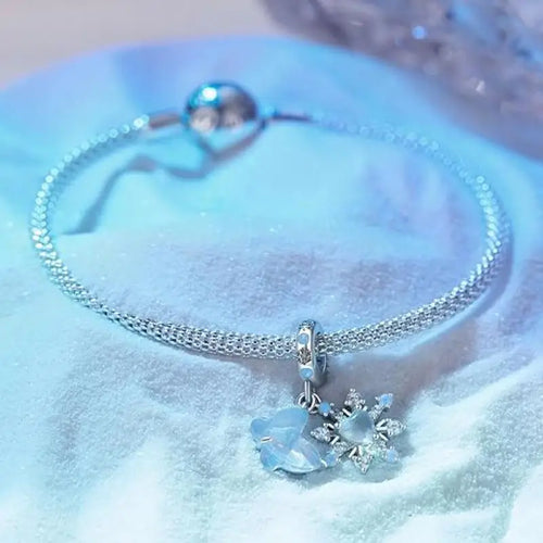Snow Butterfly Pendant Charm - 925 Sterling Silver - Light-Blue