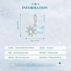 Snow Butterfly Pendant Charm - 925 Sterling Silver - Light-Blue