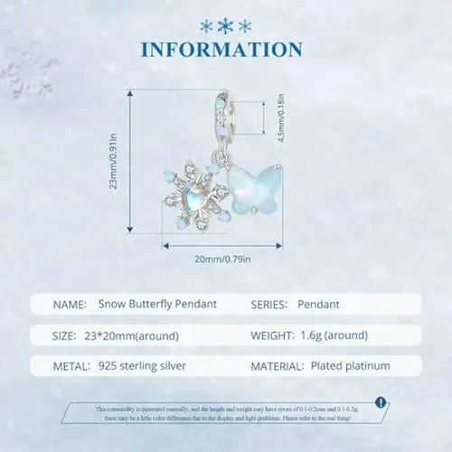 Snow Butterfly Pendant Charm - 925 Sterling Silver - Light-Blue