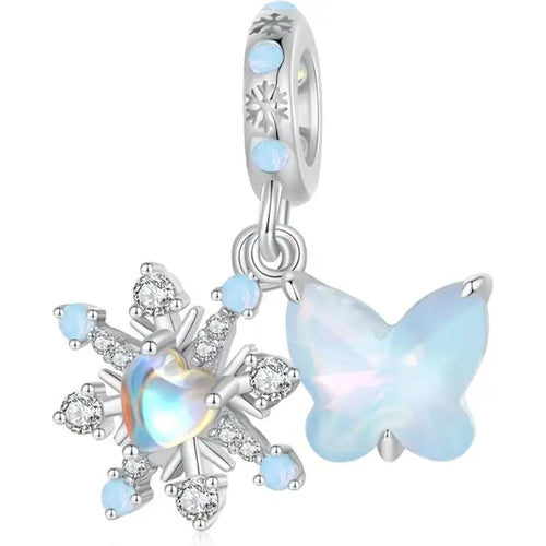 Snow Butterfly Pendant Charm - 925 Sterling Silver - Light-Blue