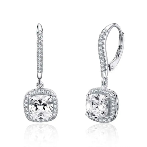 Square Studded With Shiny Zircon Lobes - 925 Sterling Silver Earrings - Transparent