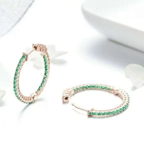 Stones Hoop 925 Silver Earrings For Women - Green