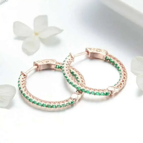 Stones Hoop 925 Silver Earrings For Women - Green