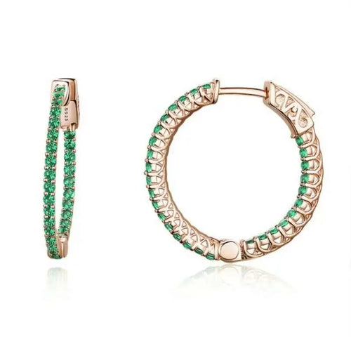 Stones Hoop 925 Silver Earrings For Women - Green