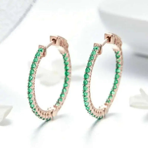 Stones Hoop 925 Silver Earrings For Women - Green