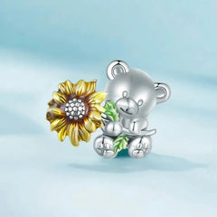 Sunflower and Bear Charm - 925 sterling silver