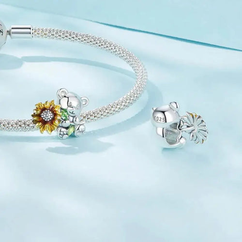 Sunflower and Bear Charm - 925 sterling silver