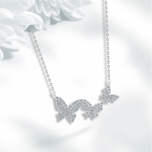 Three Zircon Butterflies 925 Silver Necklace - Transparent - NECKLACES