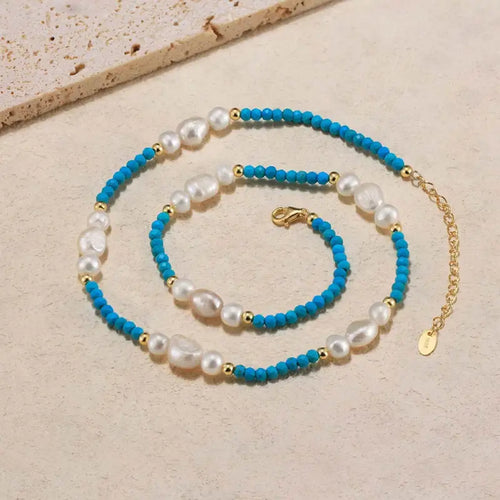 Turquoise and Pearl 14k gold plated - 925 sterling silver - Turquoise - NECKLACES
