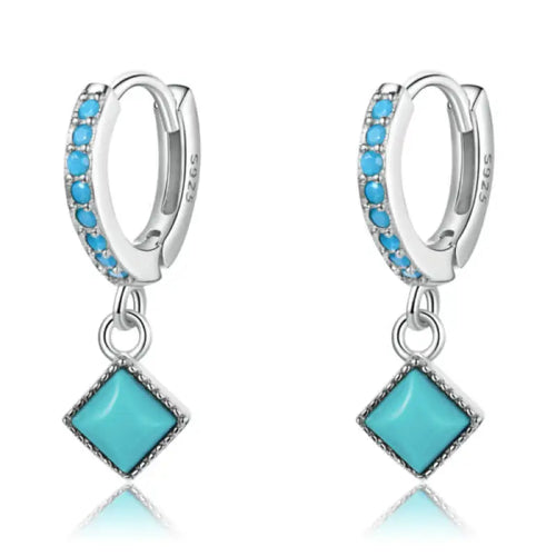 Turquoise Hoop 925 Silver Earrings For Women - Turquoise - Earrings