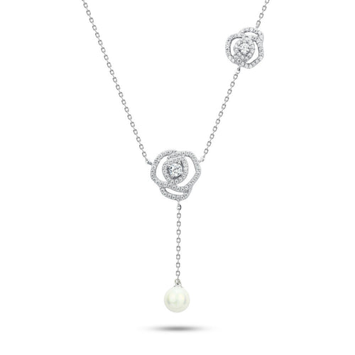 Two flowers and pearl - 925 Silver Necklace - White - NECKLACES