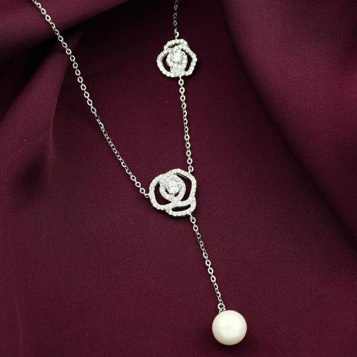 Two flowers and pearl - 925 Silver Necklace - White - NECKLACES